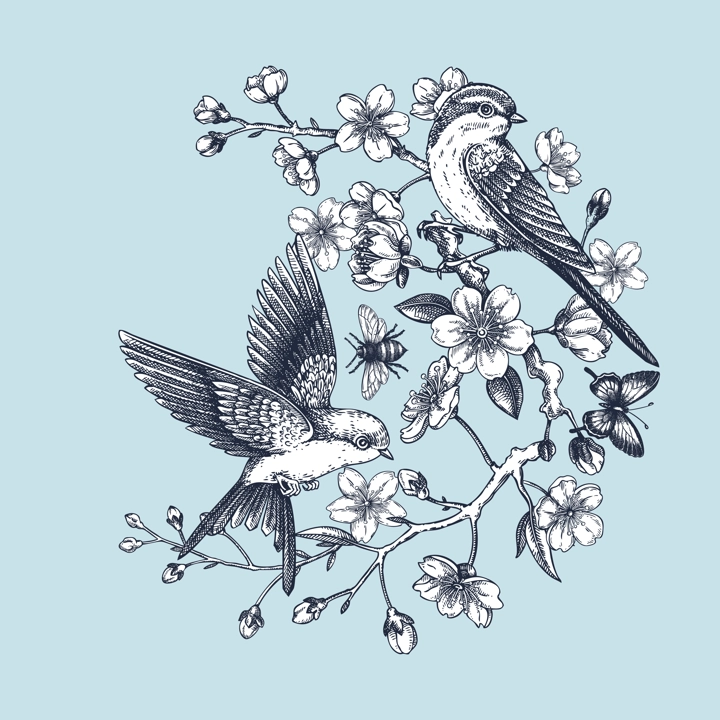 Rococo spring poster template. Japanese art. Sakura, blooming cherry, flying bird hand-drawn illustration. Vector floral design for print. NOT AT generated